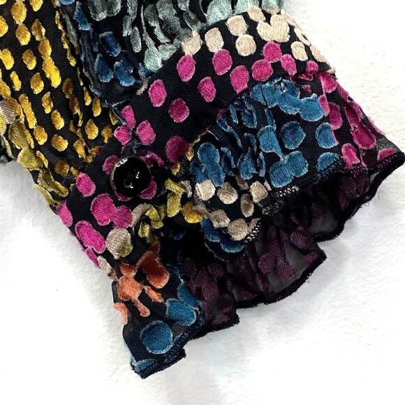 Saloni Polka Dot Devore Satin Blouse Sz 6 Multicolor Sheer Ruffle Cuff Whimsical - Picture 9 of 13